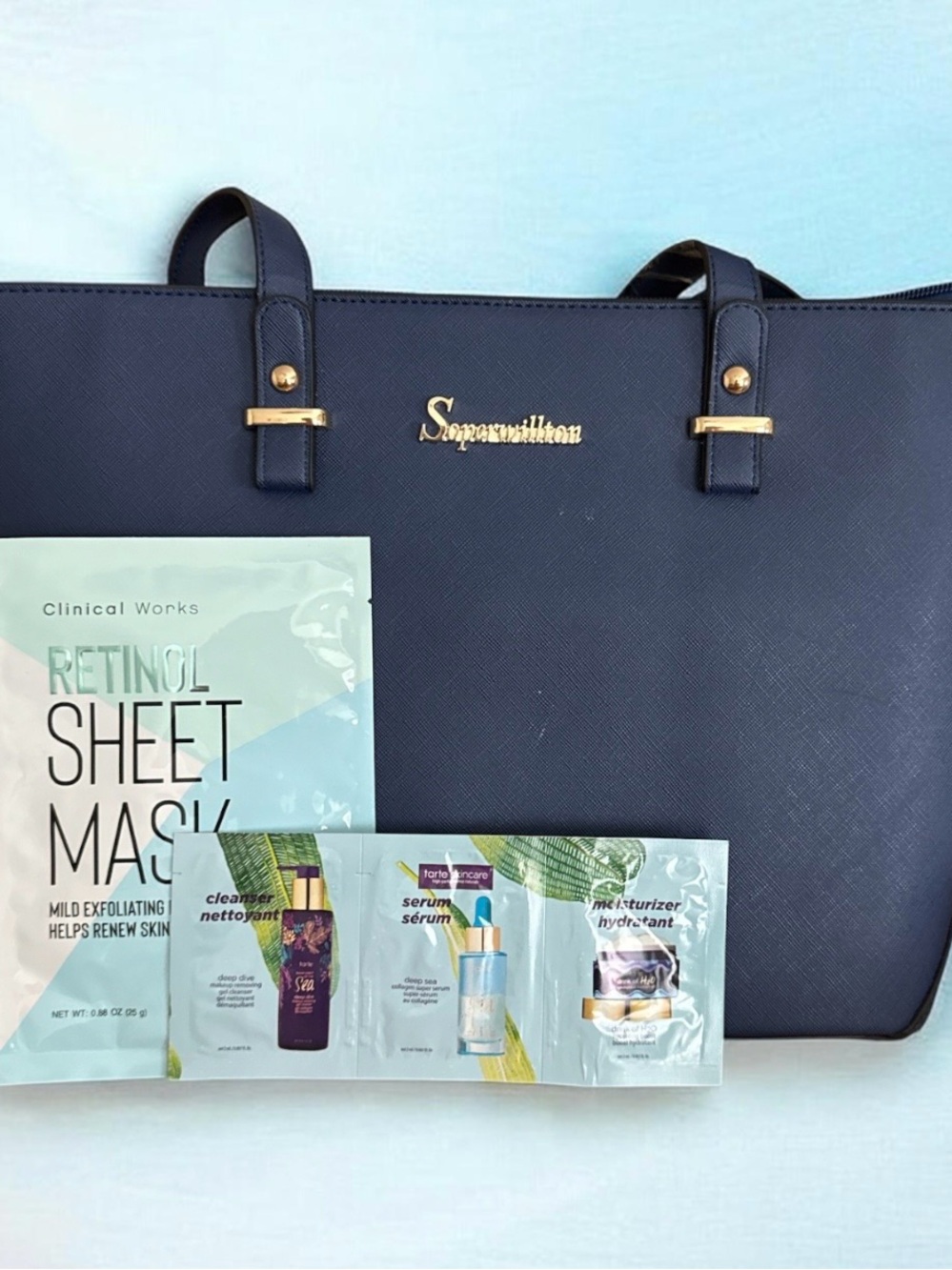 Navy Tote Bag with Gold Logo & Hardware